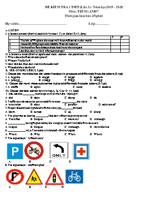 Đề kiểm tra 1 tiết lần 3 môn Tiếng Anh Khối 7 - Năm học 2019-2020